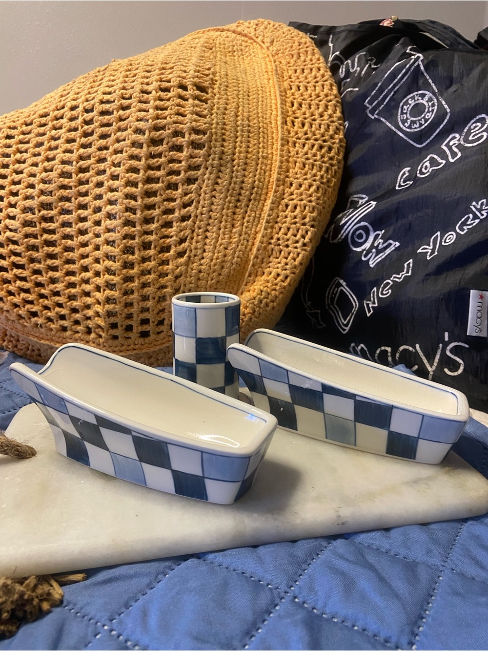 3PC. Set GOOD FORTUNE Blue & White Check SUSHI DISH & CHOPSTICK Holder